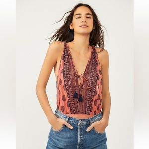 Free People boho tribal themed bodysuit in coral and navy blue (XS)